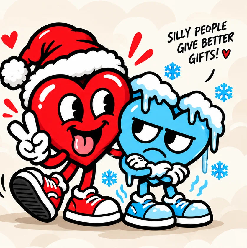 Dummy, the cheerful red heart, with Frost, the unimpressed icy blue heart